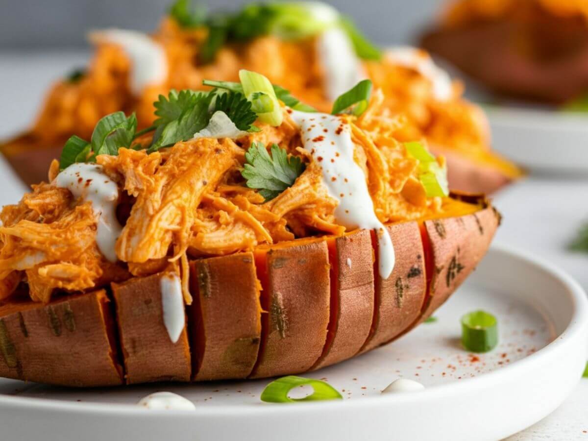 Buffalo Chicken Stuffed Sweet Potatoes