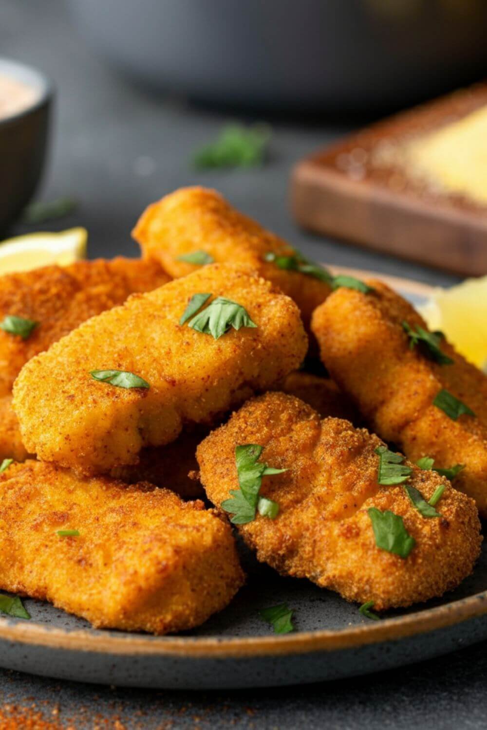 A close-up shot of crispy Cajun spiced catfish nuggets fresh out of the air fryer, golden-brown with a crunchy coating. The nuggets are arranged on a rustic serving plate, garnished with a sprinkle of fresh herbs and a few lemon wedges on the side. In the background, there’s a small bowl of creamy dipping sauce and a wooden cutting board with scattered Cajun seasoning and cornmeal, hinting at the recipe’s preparation. The setting is warm and inviting, perfect for a casual meal or game night.