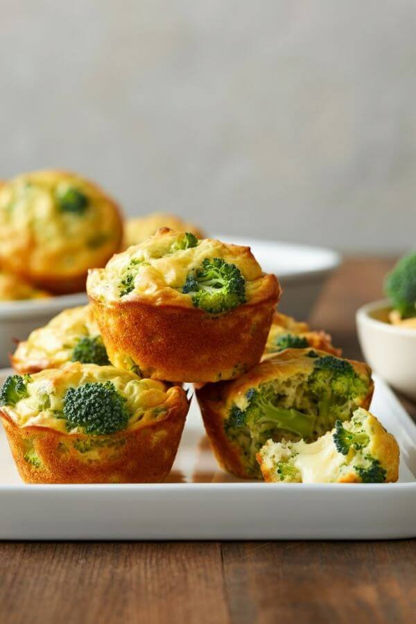 A white dish of golden, savory muffins sitting on a wooden kitchen counter. The muffins should be slightly browned on top, with visible bits of broccoli and melted cheese. Include a small bowl of extra shredded cheese and a few broccoli florets beside the tray for garnish.