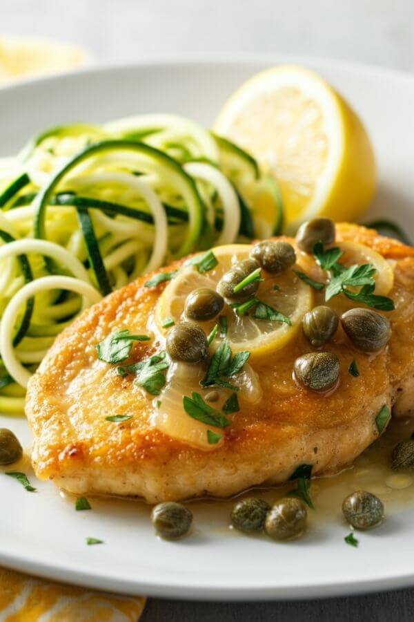 A plate of golden, pan-fried chicken topped with a glossy lemon-caper sauce, sprinkled with parsley. Served alongside zucchini noodles, with a wedge of lemon and capers scattered for garnish. Bright and fresh presentation on a white plate.