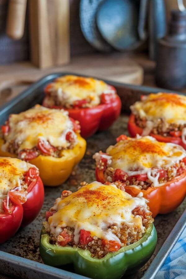 A vibrant image of halved bell peppers, stuffed with a colorful mixture of quinoa, chicken, and diced tomatoes, topped with melted golden cheese. The peppers are arranged on a baking tray, fresh out of the oven, with a sprinkle of paprika and a rustic kitchen backdrop.