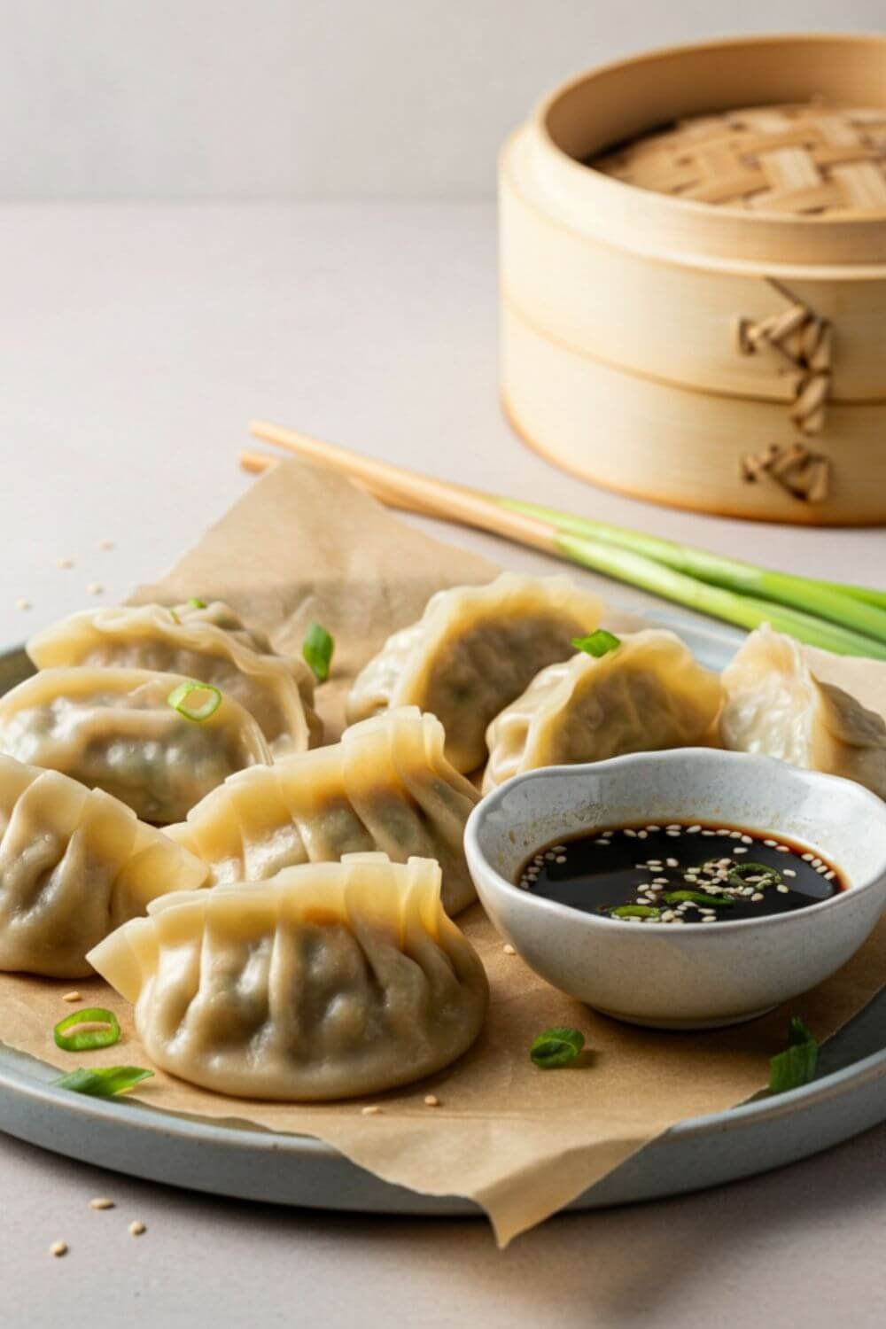 A plate of freshly steamed dumplings arranged neatly on parchment paper, with steam rising. A small bowl of soy-sesame dipping sauce is placed beside them, garnished with chopped scallions. background is light