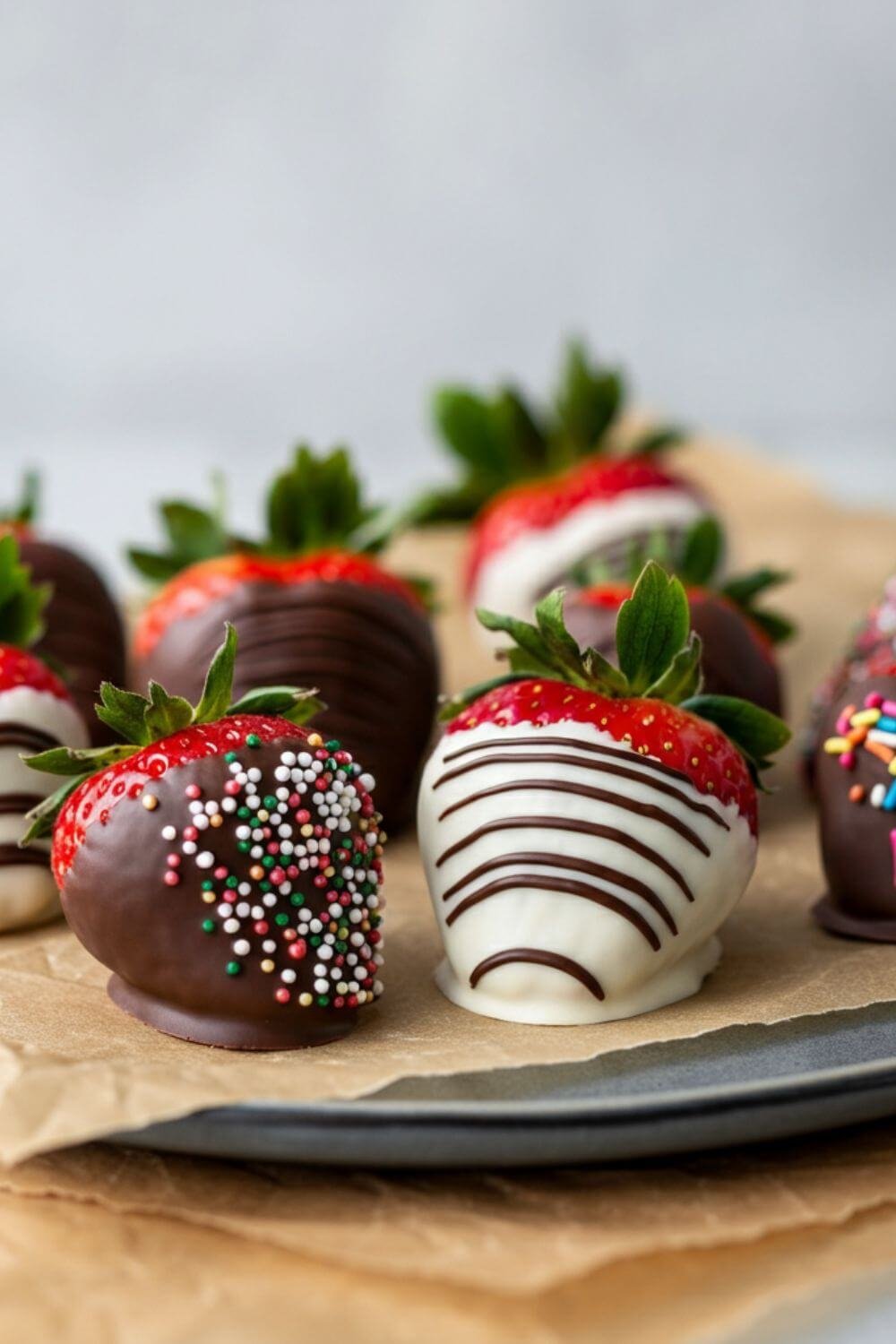 A plate of chocolate-dipped strawberries arranged elegantly, with some topped with colorful sprinkles, placed on parchment paper with a light, airy background.