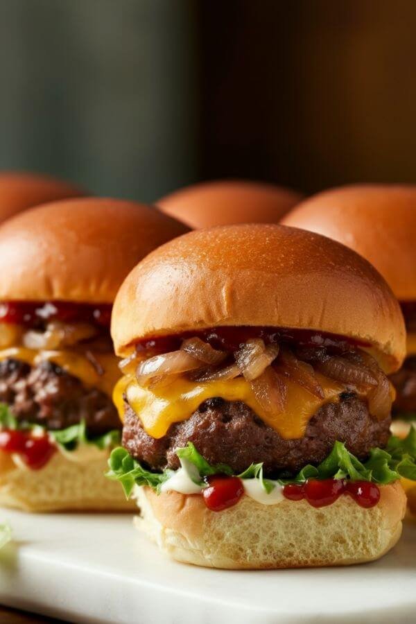 A close-up of  2 sliders on a white serving board. The golden slider buns are stacked with juicy beef patties, melted cheddar cheese, caramelized onions, and a drizzle of condiments. A side of crispy fries and a small bowl of ketchup sit nearby, with a light background of a kitchen table.