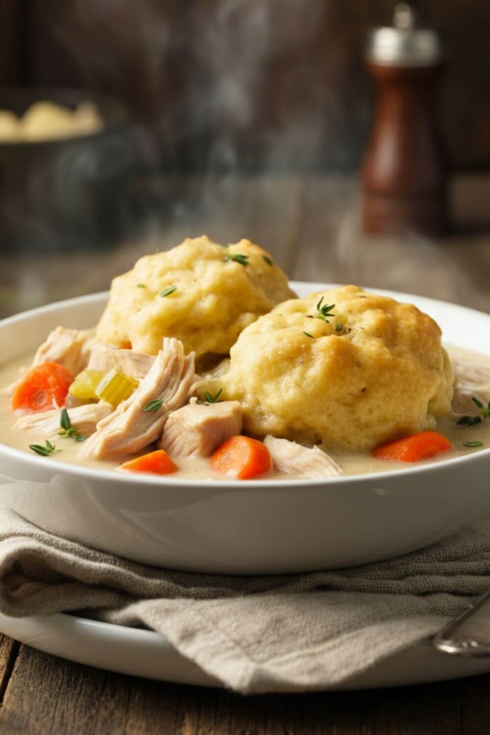 A warm and inviting bowl of Classic Chicken and Dumplings served in a white dish. The creamy chicken stew is filled with tender chunks of shredded chicken, diced carrots, and celery, topped with fluffy golden dumplings. Steam gently rises from the dish, suggesting its warmth and coziness. A sprig of fresh thyme is placed on top for garnish. The background features a wooden table with a spoon and a folded linen napkin, creating a comforting, homestyle vibe.