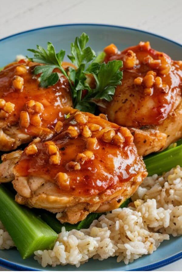 A close-up shot of 3 golden-brown chicken thighs glistening with honey garlic sauce, garnished with fresh parsley. The dish is plated on a white table with a side of steamed vegetables and fluffy white rice.