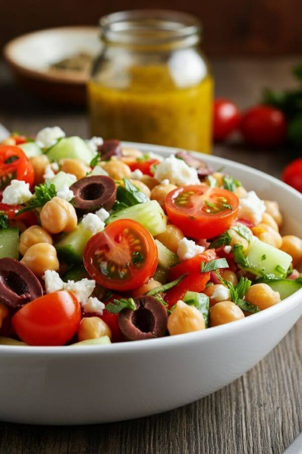 A vibrant Mediterranean chickpea pasta salad in a white bowl, featuring colorful ingredients like halved cherry tomatoes, diced cucumber, sliced olives, and crumbled feta, garnished with fresh parsley. The bowl is placed on a rustic wooden surface with a small jar of dressing and scattered vegetables in the background.