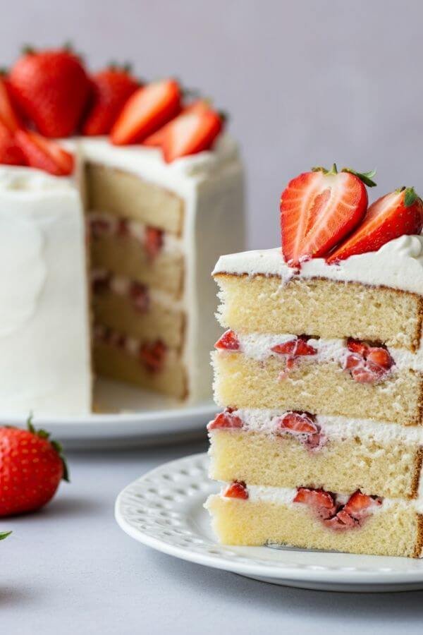 A moist, fluffy strawberry cake with a slice cut out to reveal bits of fresh strawberries in the sponge. The cake is topped with a smooth whipped cream frosting and garnished with fresh strawberry halves. Light, airy background with a few whole strawberries scattered around the plate.