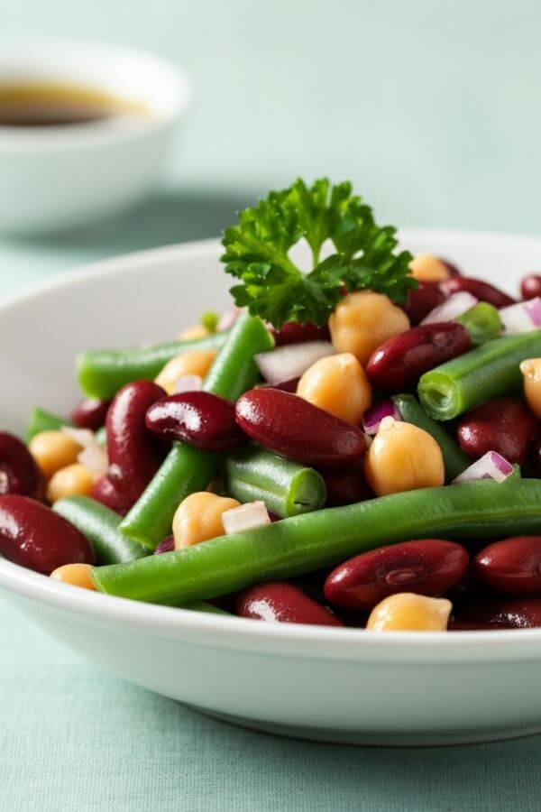 A vibrant bowl of three-bean salad, featuring kidney beans, green beans, and chickpeas, tossed with thin slices of red onion and glistening with tangy vinaigrette. The salad is served in a white dish on a light background, with a sprig of parsley on top and a small dish of vinaigrette nearby.