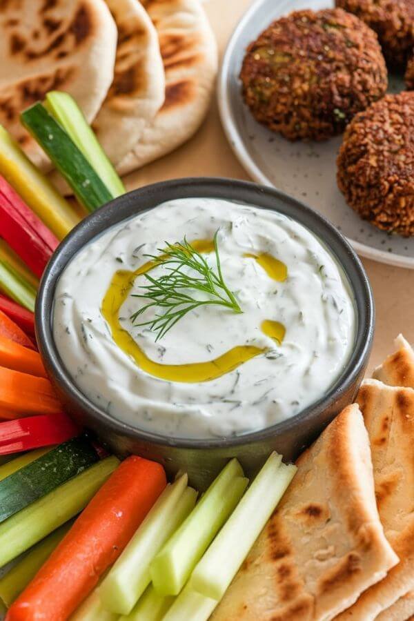 A bowl of creamy tzatziki sauce garnished with a drizzle of olive oil and a sprig of fresh dill, surrounded by an assortment of colorful vegetable sticks, warm pita bread, and a plate of falafel.