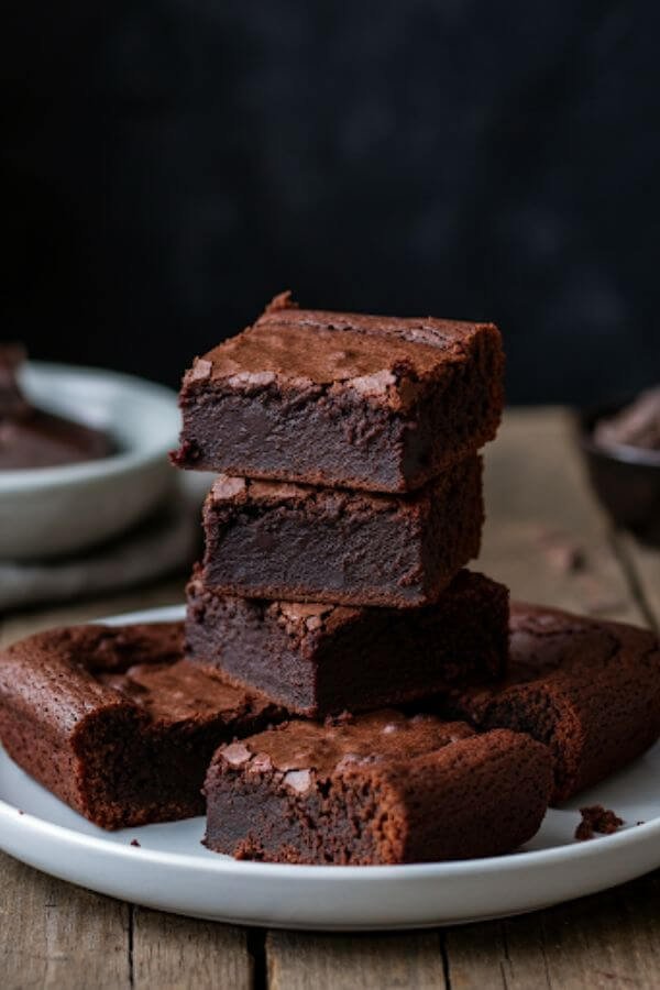 A close-up of rich, fudgy vegan brownies sliced into squares on a white board, with a sprinkling of chocolate chips on top. The texture looks moist and decadent, with a few crumbs scattered around for a rustic feel.