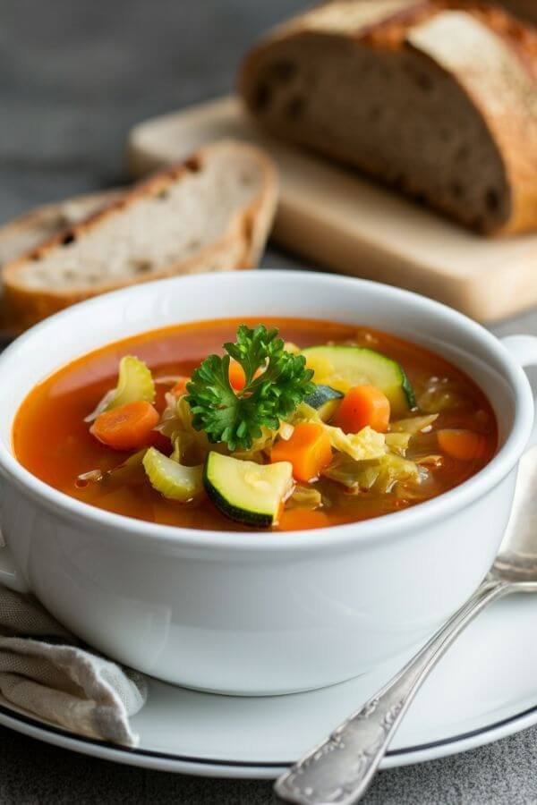 A hearty bowl of vibrant veggie soup, filled with colorful chunks of carrots, celery, cabbage, and zucchini, served in a white bowl. Steam rises from the light broth, and a sprig of fresh parsley sits on top to garnish. The background features a white table with a loaf of crusty bread and a spoon on the side.