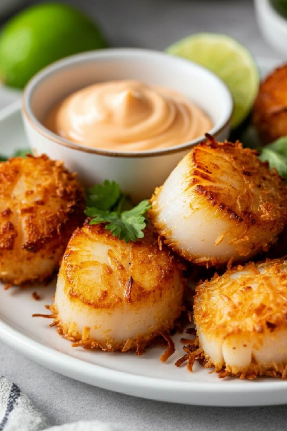 A close-up shot of golden-brown, coconut-crusted scallops fresh out of the air fryer, arranged neatly on a white plate. The scallops have a crispy, textured coating of shredded coconut and panko, with a small bowl of spicy mayo dipping sauce on the side. Garnish the plate with a sprinkle of fresh herbs and a wedge of lime for added color and freshness. Use soft natural lighting to enhance the warm, appetizing tones of the dish.