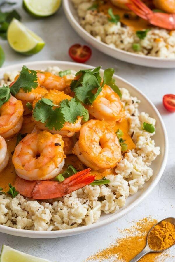 A close look of vibrant plate of golden coconut curry shrimp topped with fresh cilantro, served over a fluffy bed of cauliflower rice. The dish is surrounded by a white table with lime wedges, cherry tomatoes, and a spoon of curry powder scattered nearby for an inviting and flavorful presentation.