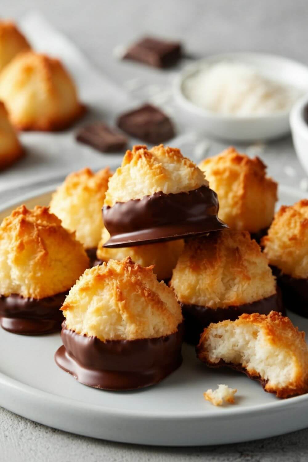 A plate of golden-brown coconut macaroons arranged neatly, some with their bottoms dipped in glossy melted chocolate, with a backdrop of shredded coconut and a small bowl of chocolate for dipping.