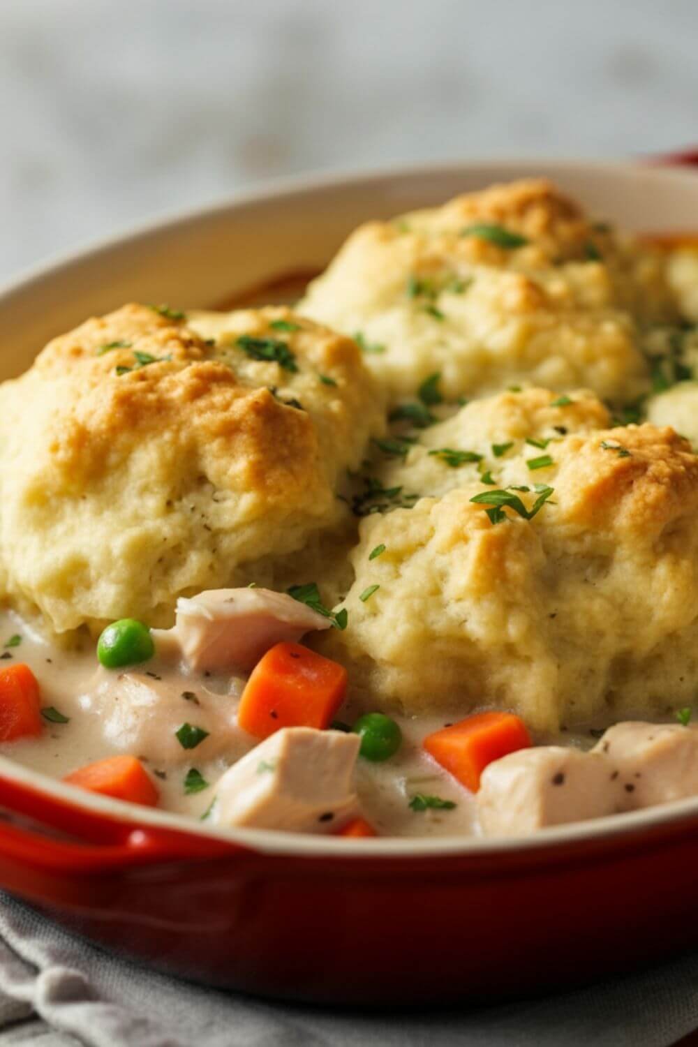 Create an image of a creamy chicken dumpling casserole steaming hot from the oven. Capture a close-up of the golden-brown, fluffy dumplings atop a rich, creamy sauce filled with tender chicken pieces and vibrant vegetables. The setting is a rustic wooden kitchen table in warm, natural light, evoking a cozy, comforting, and inviting atmosphere. Warm earth tones dominate the scene, enhancing the feeling of home-cooked goodness. the background is light.