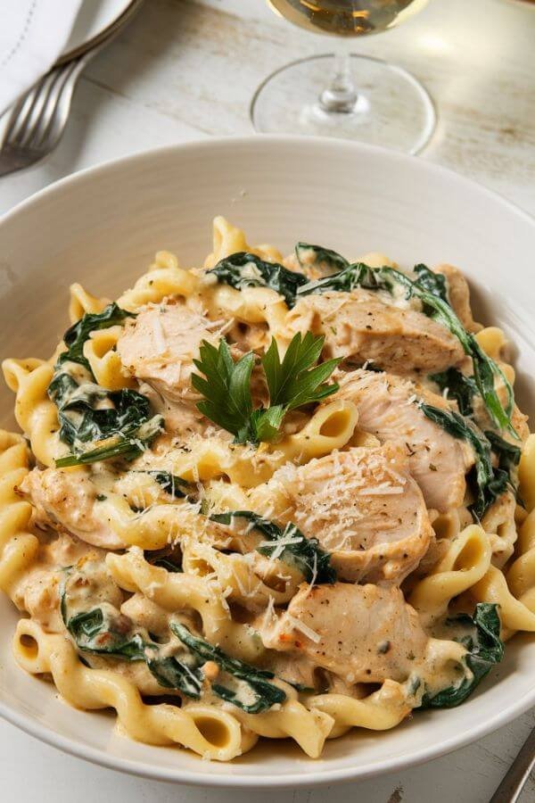 A bowl of creamy chicken and spinach pasta served in a white bowl. The pasta is coated in a rich, creamy sauce, with tender chunks of chicken and vibrant green wilted spinach. Garnish with a sprinkle of Parmesan cheese and a sprig of fresh parsley. The background features a white table and a glass of white wine.