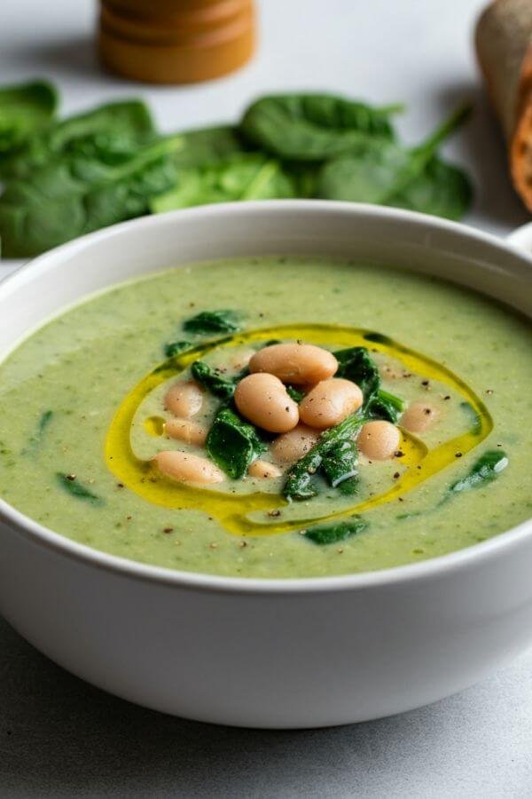 A steaming bowl of creamy white bean and spinach soup sits on a white table. The soup is smooth and light green, with wilted spinach leaves visible. It's garnished with a drizzle of olive oil and a sprinkle of black pepper, with crusty bread on the side for dipping. The background features fresh spinach leaves and a small bowl of white beans.