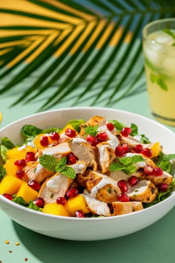 A vibrant chicken salad served in a white bowl, showcasing colorful mango chunks, ruby-red pomegranate seeds, and fresh mint leaves. The dish is lightly drizzled with a creamy coconut milk dressing, with chili flakes sprinkled on top for a pop of spice. Background features a bright summer setting with tropical elements like a palm leaf or a glass of lemonade. the chicken is grilled, diced 