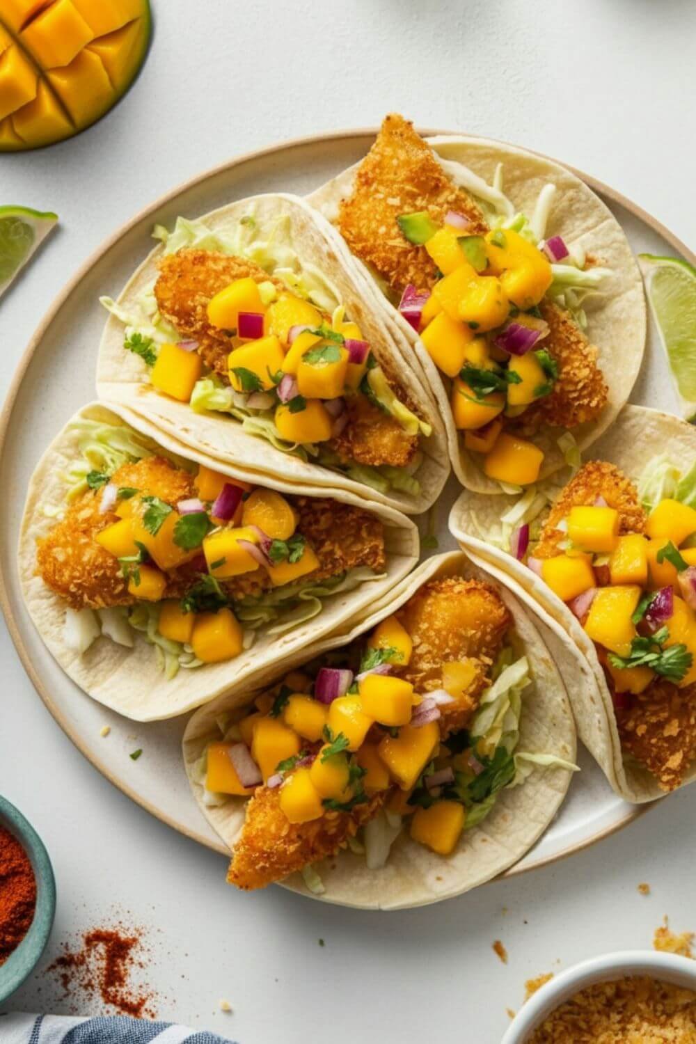 A vibrant and appetizing image of crispy golden fish tacos served on white dish, topped with colorful mango salsa (bright yellow mango chunks, red onion, and green cilantro). Surround the dish with small bowls of ingredients like lime wedges, paprika, panko breadcrumbs, and a drizzle of spicy crema. Include a white table background with natural light to give a fresh, beachy vibe.