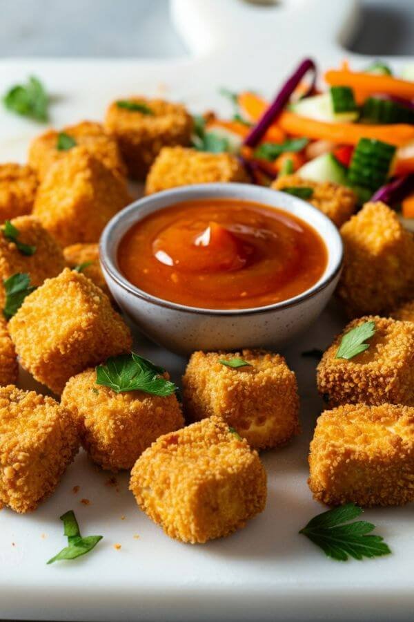 A plate of golden, crispy tofu nuggets arranged on a white board with a small bowl of dipping sauce in the center. Garnish with parsley and pair with fresh veggies for a vibrant, appetizing look.