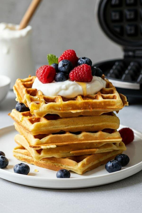 A stack of golden, crispy sourdough waffles on a white plate, topped with a dollop of yogurt, a drizzle of honey, and a generous sprinkle of fresh blueberries and raspberries. The waffle iron and extra ingredients are visible in the light background.