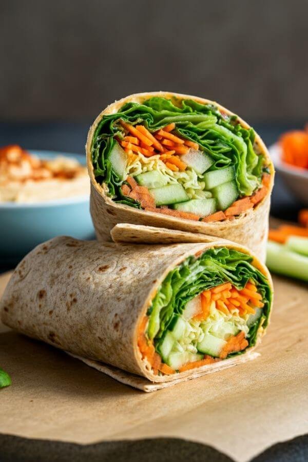 A vibrant, freshly made veggie wrap sliced in half, revealing colorful layers of shredded lettuce, crisp cucumber, and crunchy carrots, all wrapped in a whole-grain tortilla. A side of hummus and some fresh veggies are placed in the light background.