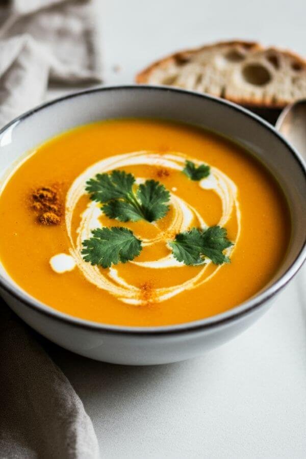 A warm bowl of creamy orange soup topped with a swirl of coconut milk, fresh cilantro leaves, and a sprinkle of curry powder. The setting features a white table with a spoon and a piece of crusty bread on the side.