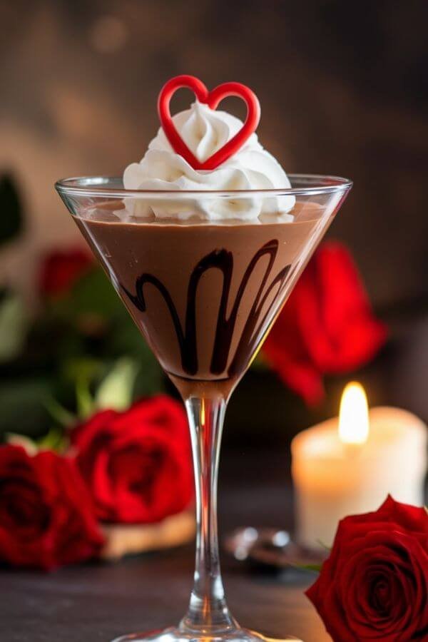 A close-up of a decadent chocolate martini in a clear, chilled glass. The inside of the glass is elegantly drizzled with chocolate syrup, and the drink has a creamy, smooth texture. The setting includes a white background with scattered chocolate pieces and a small cocktail shaker for ambiance.