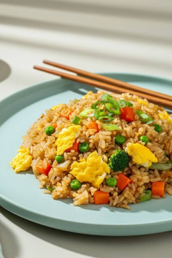 A vibrant plate of egg fried rice, featuring fluffy scrambled eggs, colorful mixed vegetables, and glistening soy-coated rice, garnished with fresh green onions. The dish is served on a simple white plate with chopsticks resting beside it.