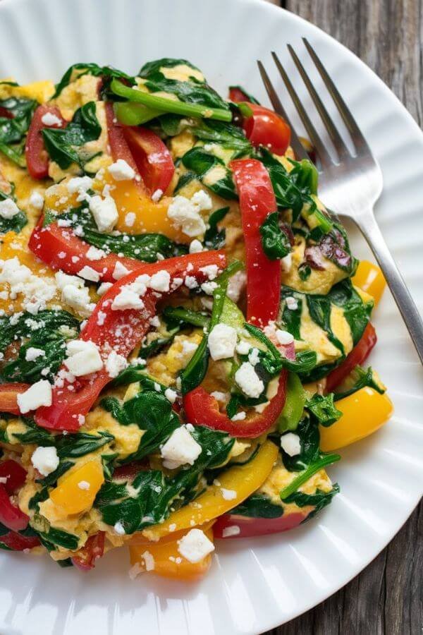 A colorful plate of an egg white veggie scramble featuring vibrant greens, reds, and yellows from the spinach, peppers, and tomatoes, topped with a light sprinkle of feta cheese. The dish is plated on a clean white plate with a fork on the side and a rustic wooden table as the background.