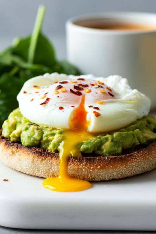 A close look of crispy, golden-brown English muffin topped with vibrant green smashed avocado, a perfectly poached egg with a soft yolk, and a sprinkle of red chili flakes. Place on a white dish with a side of fresh greens and a cup of coffee for a cozy breakfast vibe.