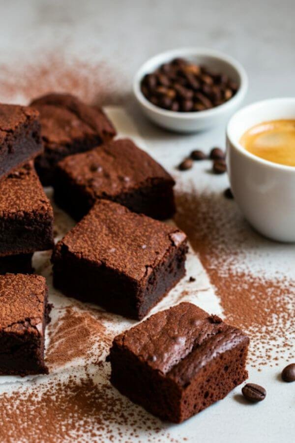 A batch of rich, chocolatey brownies on a white surface, with a light dusting of cocoa powder on top. A steaming cup of espresso and a few scattered coffee beans sit beside the brownies for a cozy, inviting vibe.