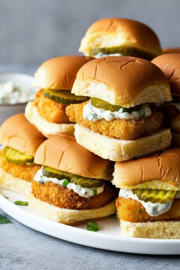 A stack of fish sliders on a white platter. The sliders are topped with crispy golden fish fillets, tartar sauce, and pickles, served alongside a small bowl of tartar sauce and a garnish of fresh parsley.