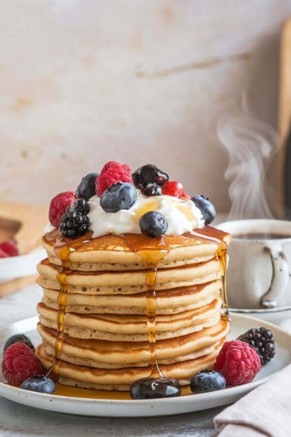 A stack of golden-brown pancakes on a white plate, topped with a generous drizzle of maple syrup, fresh mixed berries, and a dollop of creamy yogurt. The background features a light, rustic kitchen setting with a steaming cup of coffee nearby.