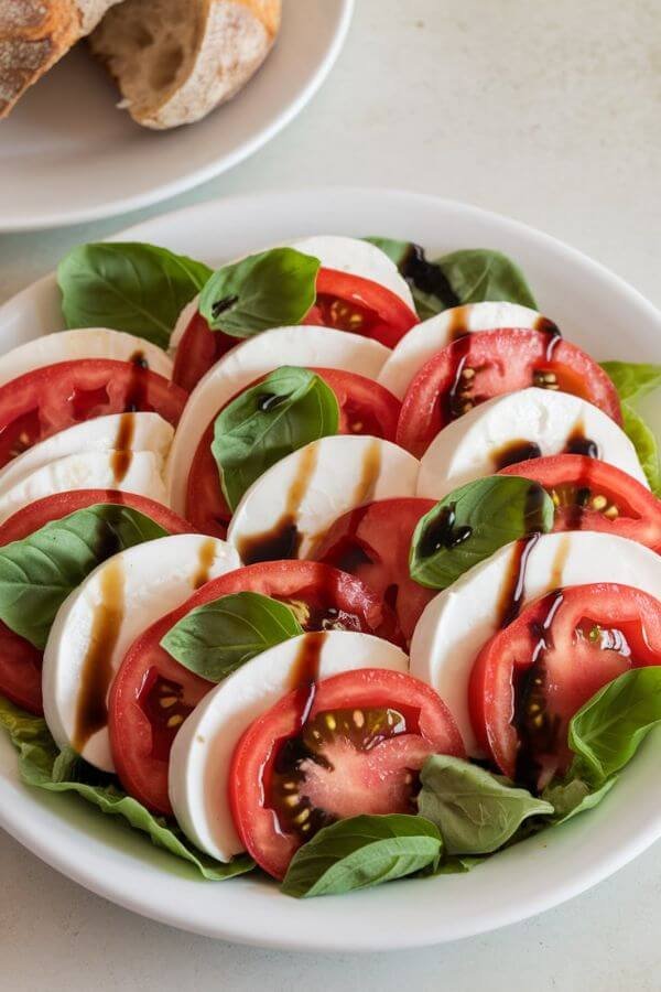 delicious close look of a plate of Caprese salad with alternating layers of fresh mozzarella, bright red tomato slices, and green basil leaves. The dish is lightly drizzled with balsamic glaze, with a side of crusty bread on a white table.