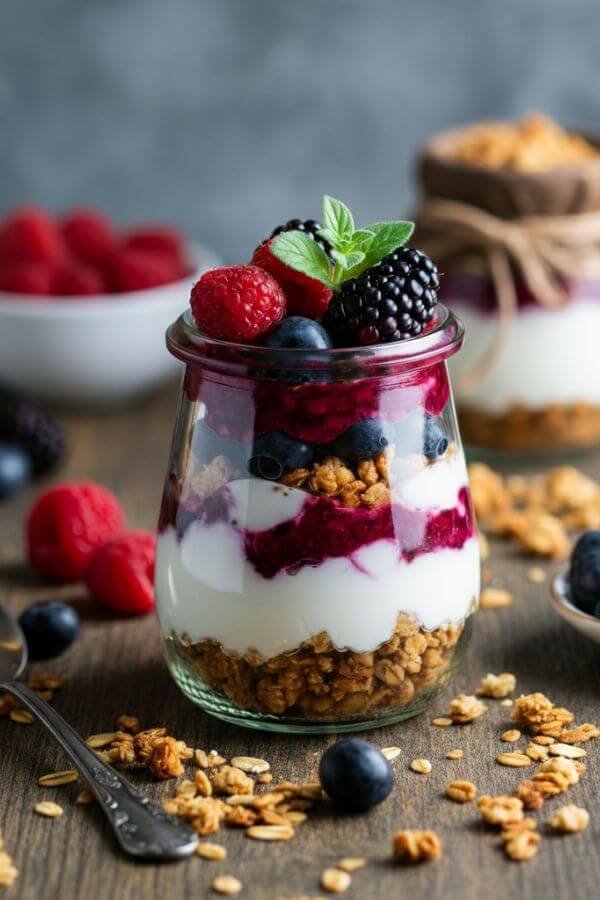 A vibrant and appetizing parfait in a clear glass jar: layers of creamy yogurt, colorful fresh berries, and crunchy granola. The jar is placed on a wooden table, surrounded by scattered granola, fresh berries, and a small spoon.