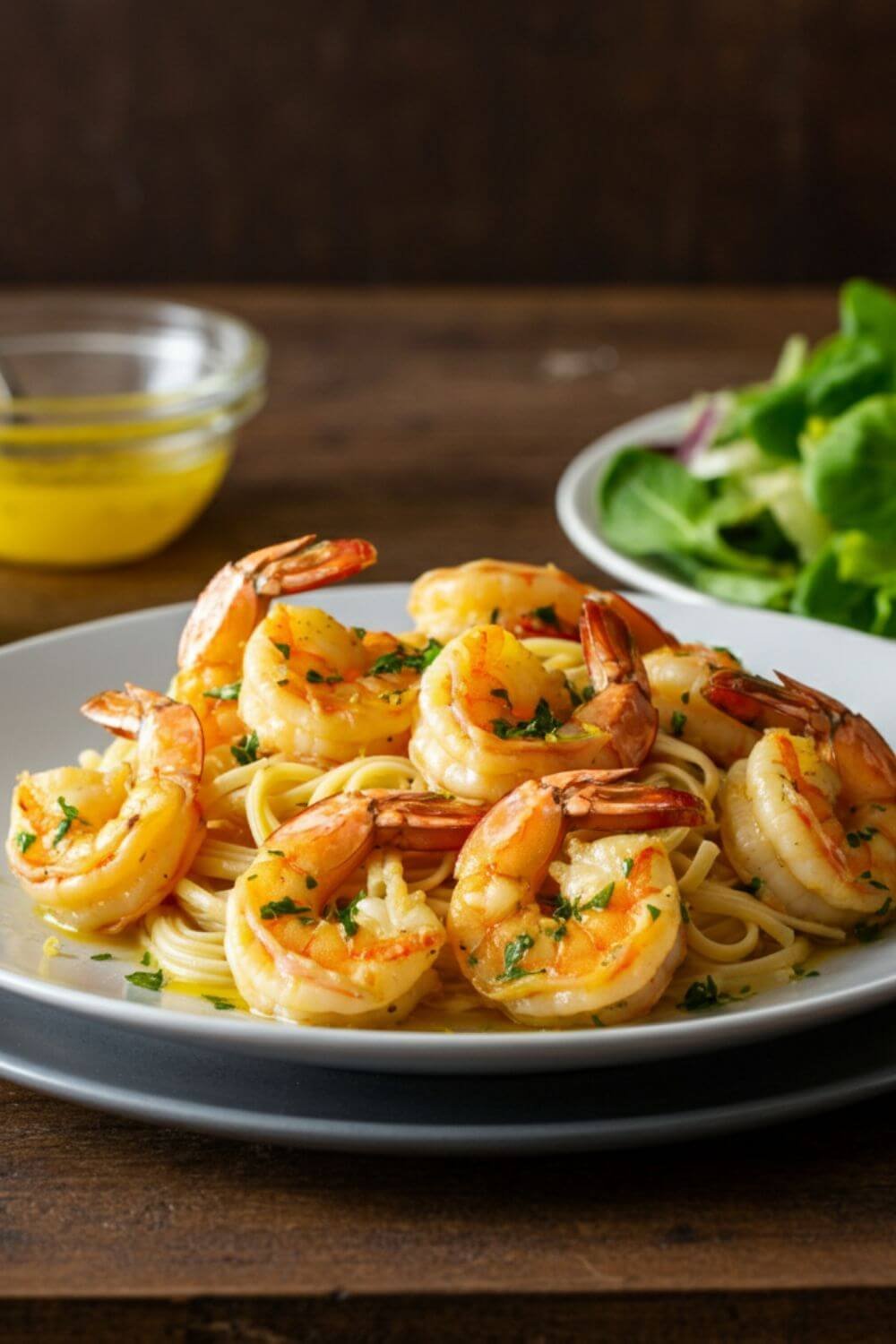 A plate of golden, juicy shrimp glistening with garlic butter, garnished with fresh lemon zest and a sprinkle of parsley. The shrimp are arranged neatly on a bed of pasta or next to a vibrant green salad. In the background, a small bowl of melted butter with a spoon and a halved lemon are placed on a wooden countertop, creating a warm and appetizing scene.