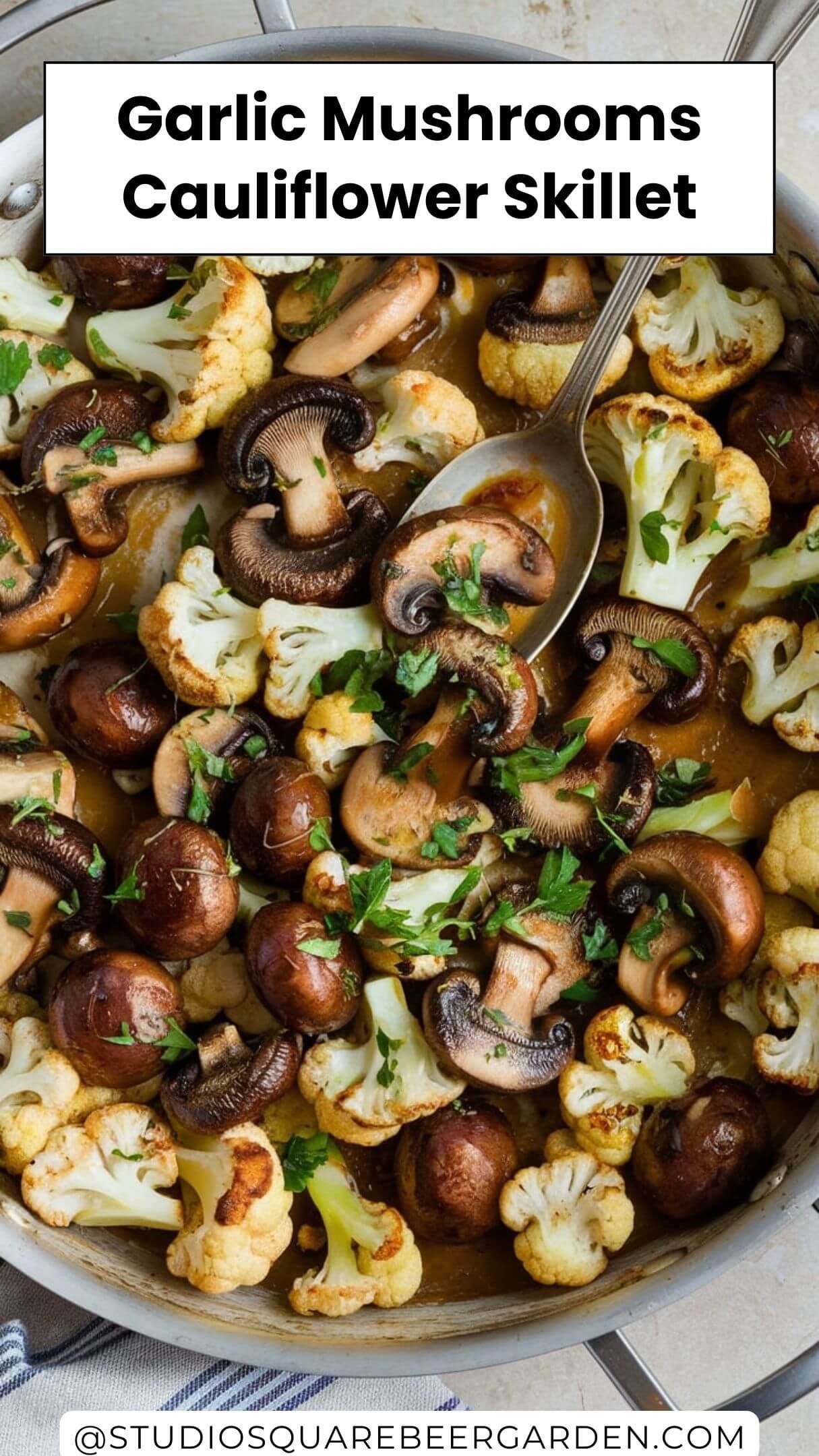 This Garlic Mushrooms Cauliflower Skillet is the perfect one-pot dinner! Sautéed in a rich garlic butter sauce, this healthy mushroom and cauliflower dish is easy to make, full of flavor, and perfect for a quick weeknight meal.