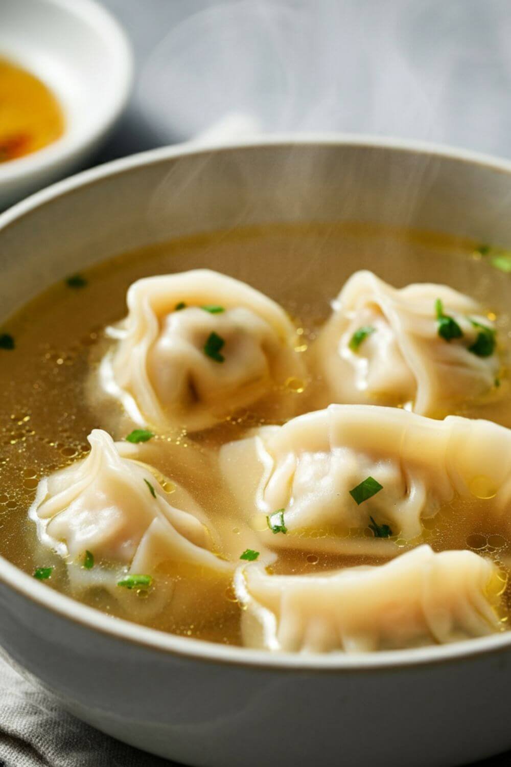 A bowl of steaming chicken dumpling soup, featuring light dumplings floating in golden broth, topped with a sprinkle of fresh green herbs. the background is light