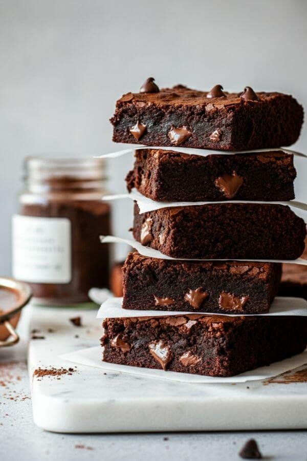 A stack of rich, gooey brownies with a slightly cracked top, dark chocolate chips melting into the surface. The brownies sit on a white board with a small jar of sourdough discard and a dusting of cocoa powder in the light background.