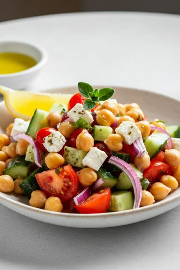 A bright, colorful bowl of Greek Chickpea Salad on a white table. Vibrant reds from the tomatoes, green cucumbers, and purple onions pop against the creamy white feta and golden olive oil dressing. Add a lemon wedge and a sprig of oregano for garnish to complete the Mediterranean vibe.