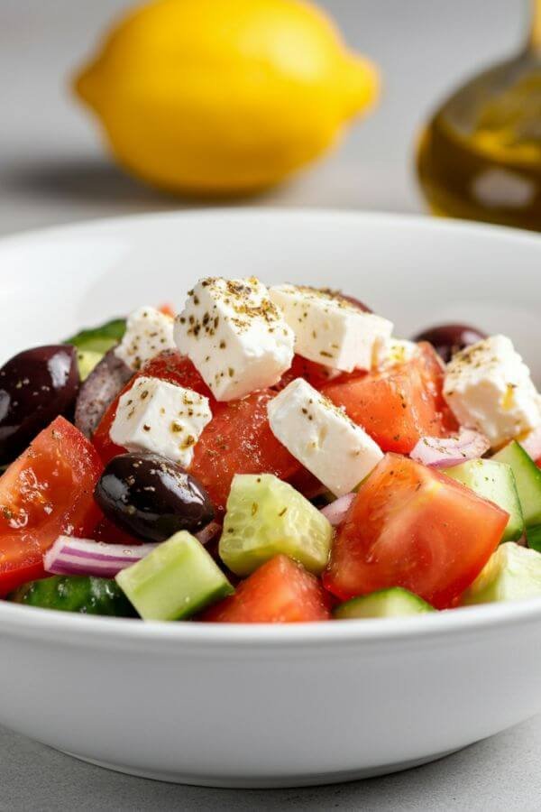 A vibrant white bowl of Greek salad featuring colorful diced cucumbers, tomatoes, and red onions, topped with feta cheese (crumbled small) and Kalamata olives. The dish is lightly glistening with olive oil and lemon juice, served on a white table with a lemon wedge and olive oil bottle in the background.