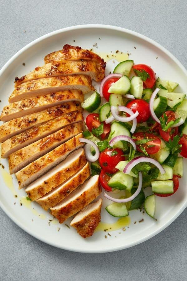 An overhead shot of juicy, golden grilled chicken slices arranged neatly on a plate. To the side, a vibrant, colorful veggie mix of cucumbers, cherry tomatoes, and red onions garnished with parsley. A drizzle of olive oil glistens under natural light, with a sprinkle of oregano for added texture.