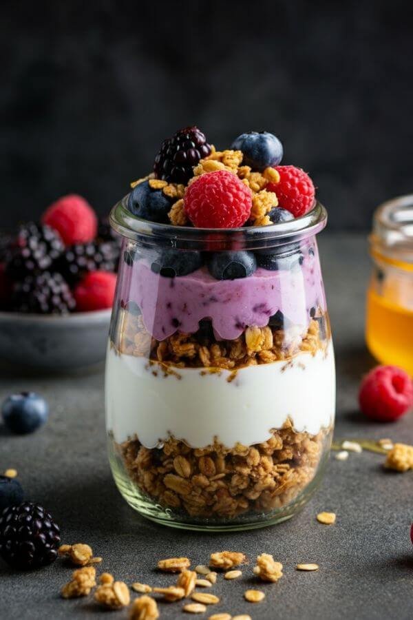 A vibrant parfait in a clear glass jar, showing distinct layers of creamy white yogurt, colorful mixed berries, golden granola, and a sprinkle of nuts on top. Include a light drizzle of honey glistening over the top layer with a soft, natural light background featuring fresh ingredients like berries, granola, and a jar of honey.