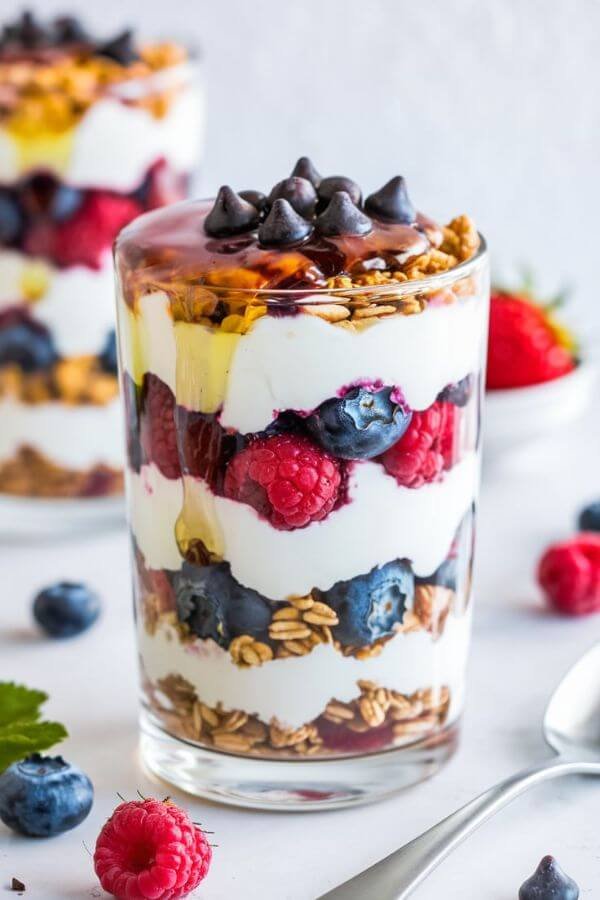 A layered parfait in a clear glass. The layers alternate between creamy white Greek yogurt, vibrant red and blue fresh berries, and golden-brown granola, topped with a drizzle of glossy honey and a few dark chocolate chips for garnish. The setting is bright and inviting, with fresh berries and a spoon placed nearby for added detail.