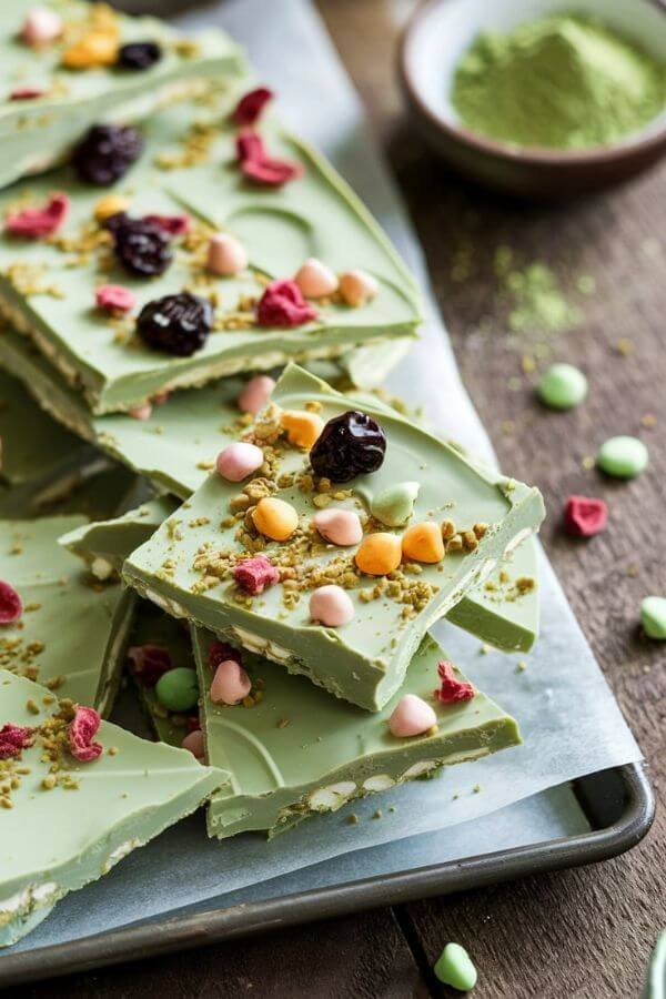 A close-up shot of a tray of Green Tea White Chocolate Bark on a rustic wooden table. The bark is broken into uneven pieces, showing its creamy green color with pops of vibrant toppings like dried fruit or brightly colored candy. A small bowl of green tea powder and some scattered white chocolate chips sit nearby for context. Soft natural lighting enhances the inviting, homemade feel.