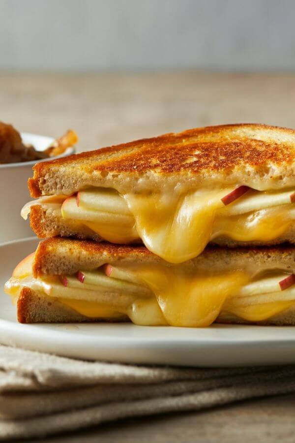 A golden, crispy grilled cheese sandwich cut diagonally to reveal gooey melted cheddar and apple slices, served on a white dish with a small bowl of caramelized onions on the side.