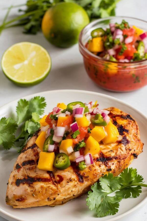 A vibrant grilled chicken breast on a white plate, topped with colorful mango salsa. In the background, a lime wedge, fresh cilantro sprigs, and a bowl of salsa are artfully arranged on a white  table.