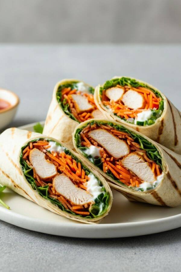 A neatly sliced grilled chicken wrap with visible layers of juicy chicken, crisp lettuce, vibrant shredded carrots, and a dollop of Greek yogurt. The wraps are placed on a white dish with a small dish of hot sauce on the side and a light, natural background.